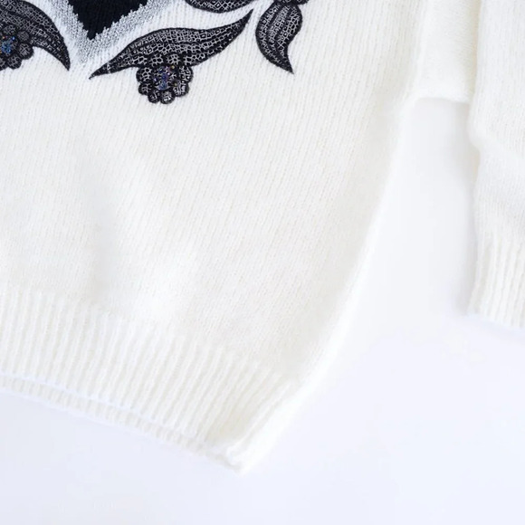 Vintage Impromptu White & Black Floral Knit Crewneck Sweater  Size 38 - Picture 7 of 14
